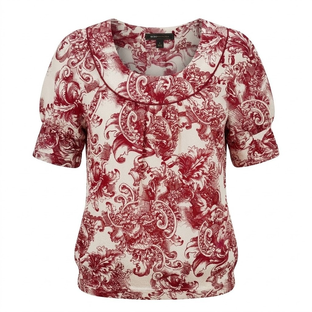 BCBGMAXAZRIA 100% silk blouse‎ Baroque floral Print Boho Toile de Jouy pattern S